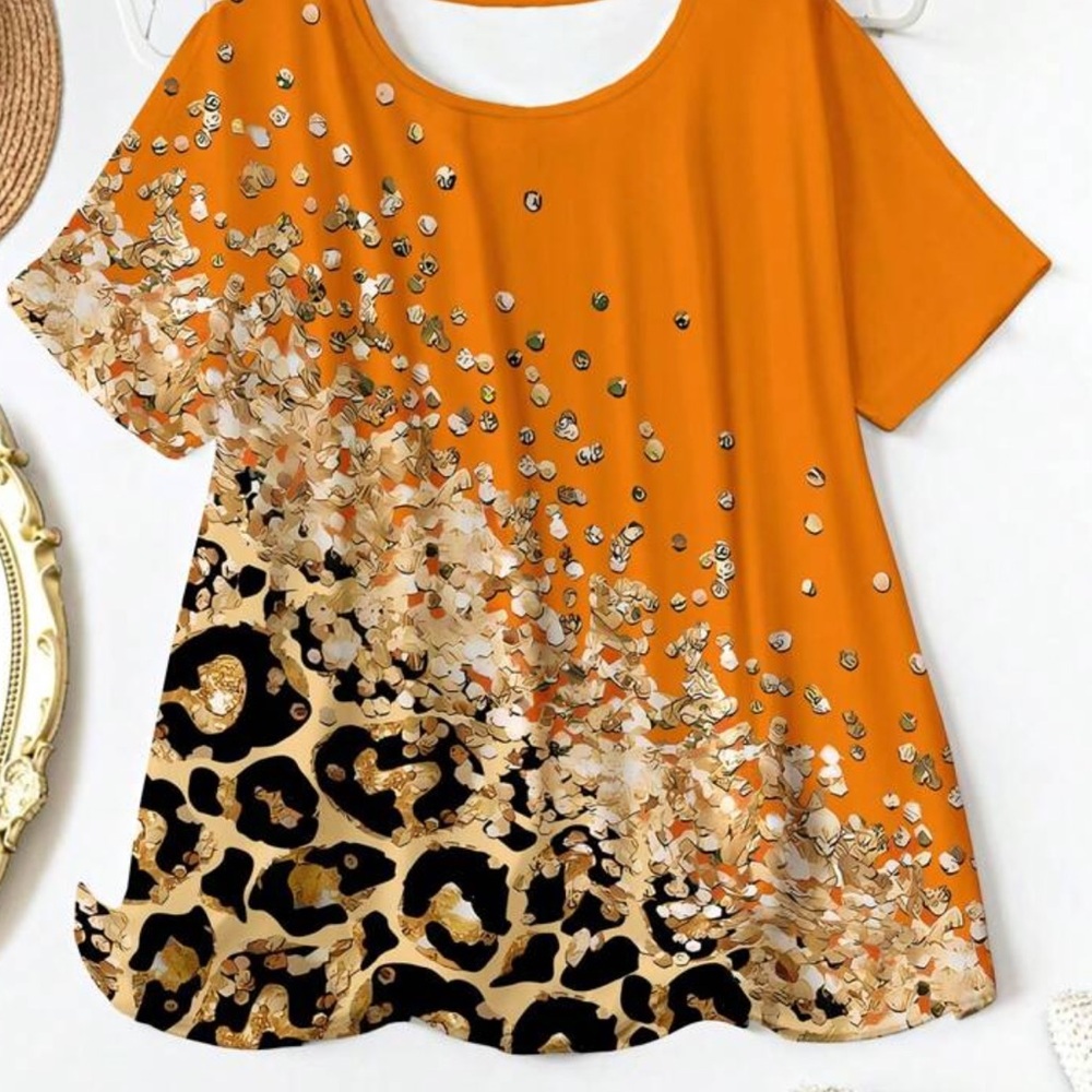 NEW SHEIN Orange Leopard-Accent Short Sleeve Tunic, full stretch size 0XL